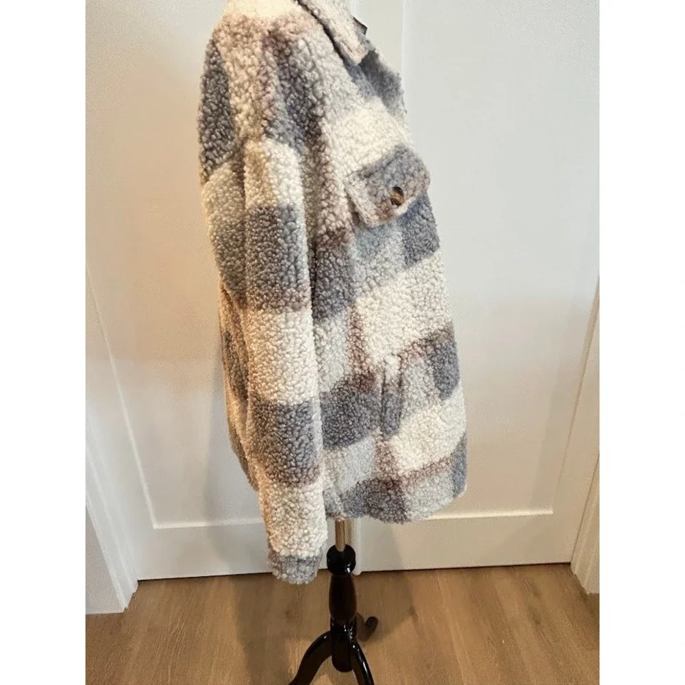 Women's Muted‎ Plaid Sherpa Fleece Shacket Jacket Button Down Cozy Warm Large